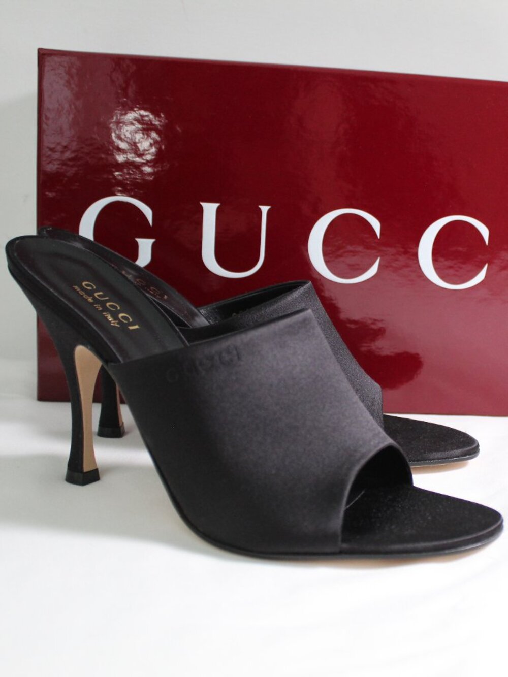 NWB Gucci Raso Seta Black Heels Mules Sandals Slip Ons Satin 856997